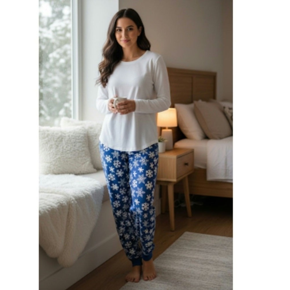 Hanna Anderson Snowflake Print Pajama Pants L Womens Blue White Christmas Cuffed